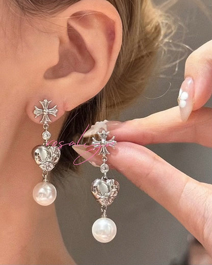 CROSS HEART BEADED EARRINGS